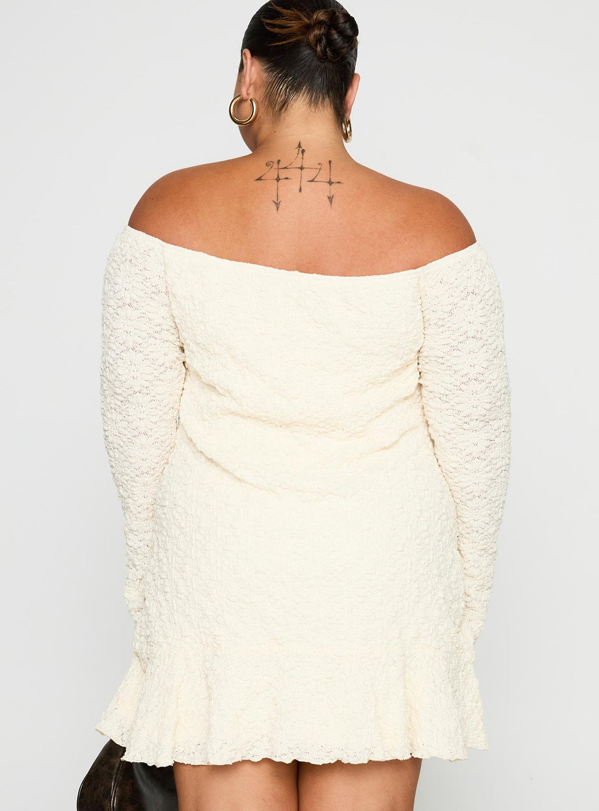 back view of model wearing Princess Polly Vancesca Strapless Mini Dress Cream Curve Straight Neck 