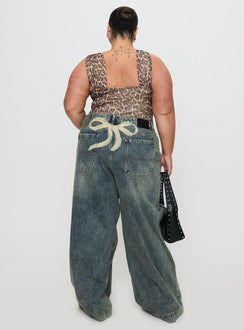Ribbon Stamp Low Rise Wide Leg Jeans Antique Wash Curve High Rise Jeans Jeans 