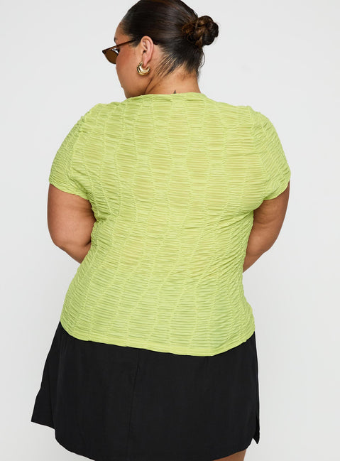 back view of model wearing Princess Polly Suzu Textured Top Green Curve Short Sleeves Crew Neck 