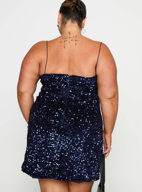 back view of model wearing Princess Polly Layney Sequin Mini Dress Navy Curve Square Neck 