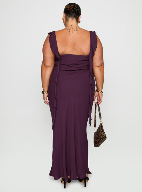 back view of model wearing Princess Polly Lanai Maxi Dress Plum Curve Square Neck 