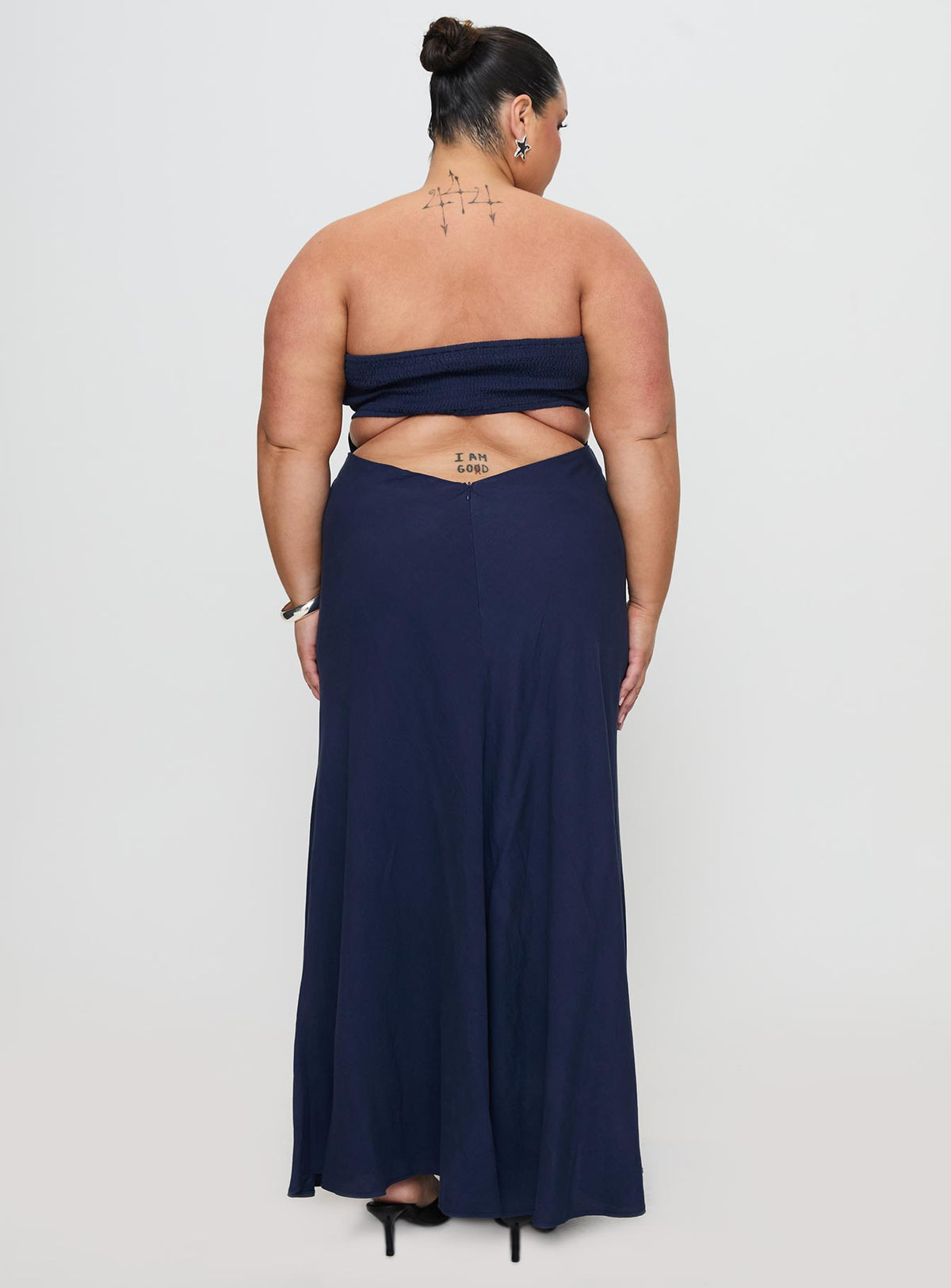 back view of model wearing Princess Polly Yahir Strapless Maxi Dress Navy Curve Straight Neck 