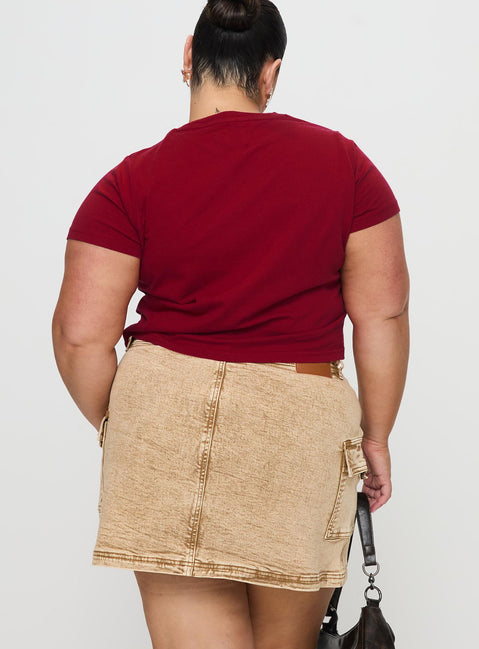 back view of model wearing Princess Polly Velveta Low Rise Denim Skirt Camel Curve Mini Skirts Skirts 