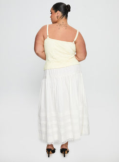back view of model wearing Princess Polly Calling For You Flowy Maxi Skirt White Curve Maxi Skirts Skirts 