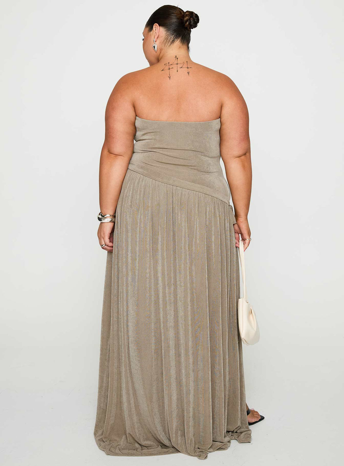 back view of model wearing Princess Polly Inka Strapless Maxi Dress Taupe Curve Straight Neck 