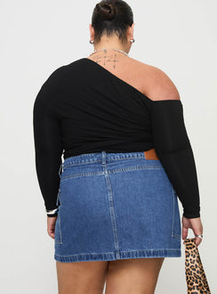 back view of model wearing Princess Polly Zakai Cargo Denim Mini Skirt Mid Blue Curve Mini Skirts Skirts 