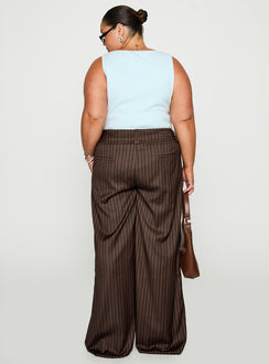 back view of model wearing Princess Polly Cedars Low Rise Pant Brown Stripe Curve Low Rise Pants Pants 