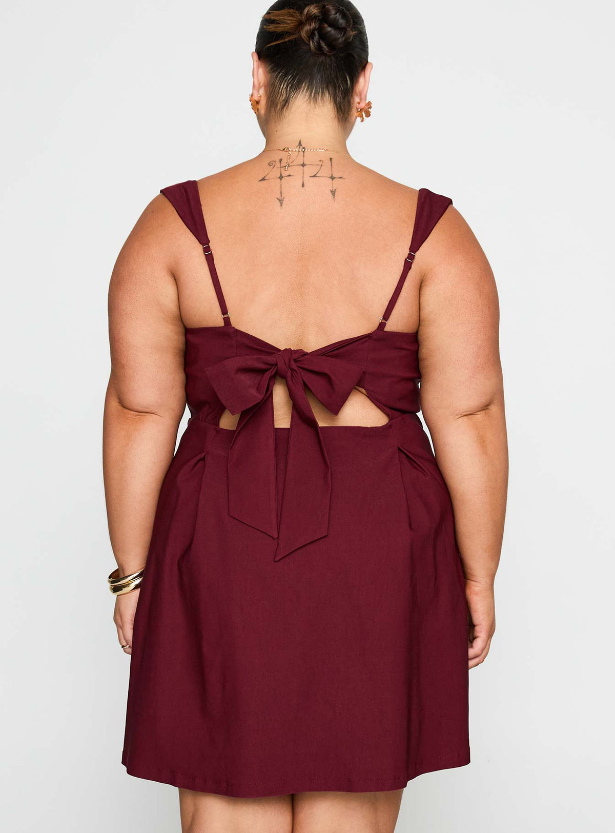 back view of model wearing Princess Polly Xanthus Mini Dress Red Curve Square Neck 