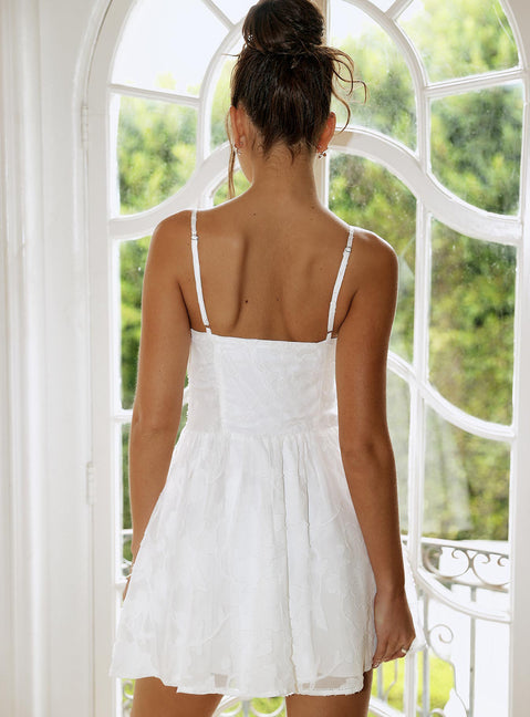 back view of model wearing Princess Polly Diviner Burnout Mini Dress White Scoop Neck 