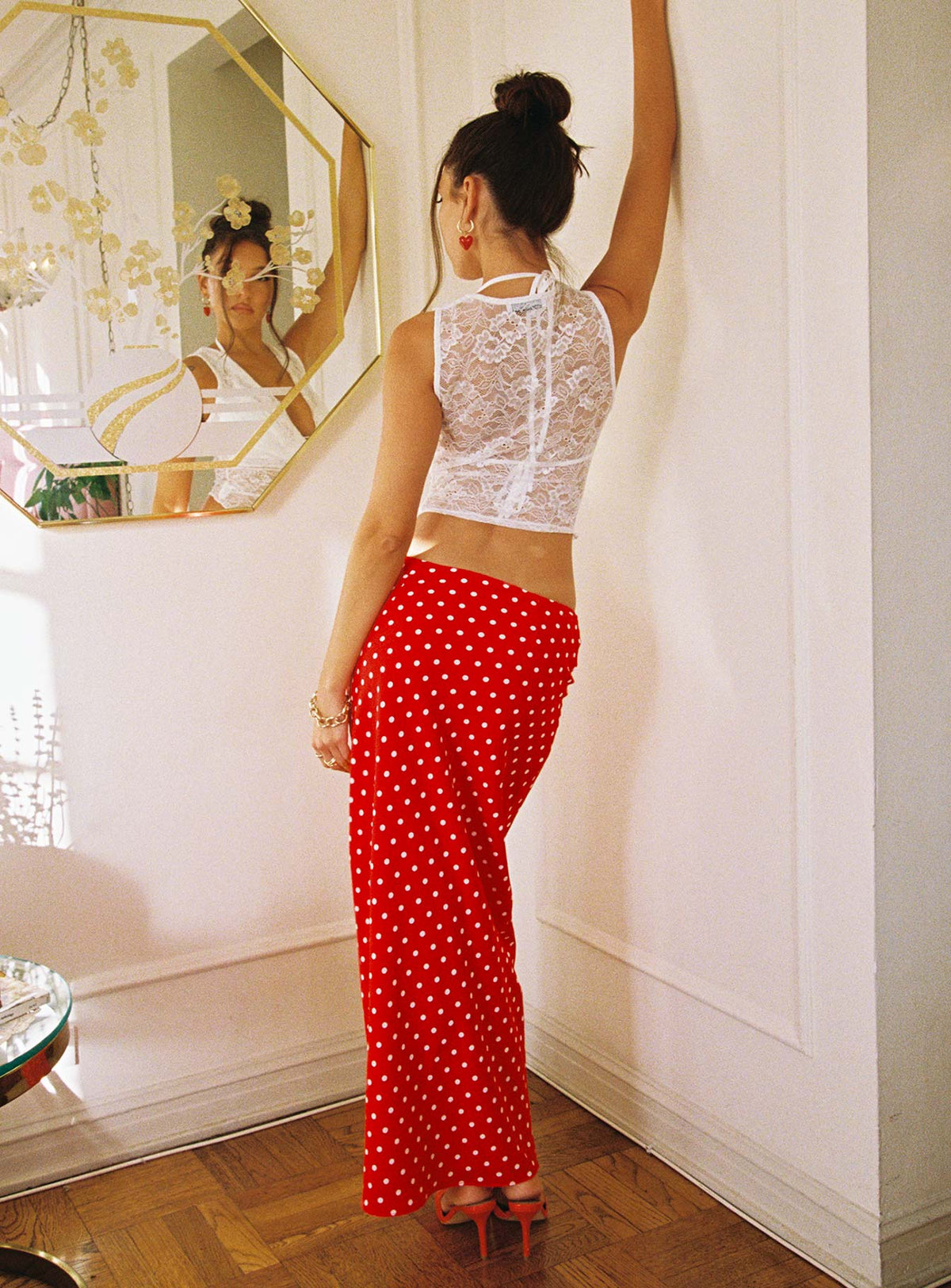 back view of model wearing Princess Polly Hayze Maxi Skirt Red / White Polka Maxi Skirts Skirts 