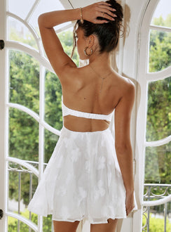 back view of model wearing Princess Polly Loulani Strapless Mini Dress White Sweetheart Neckline 