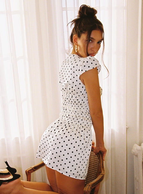 back view of model wearing Princess Polly Evangelie Ruched Mini Dress White Polka Square Neck 