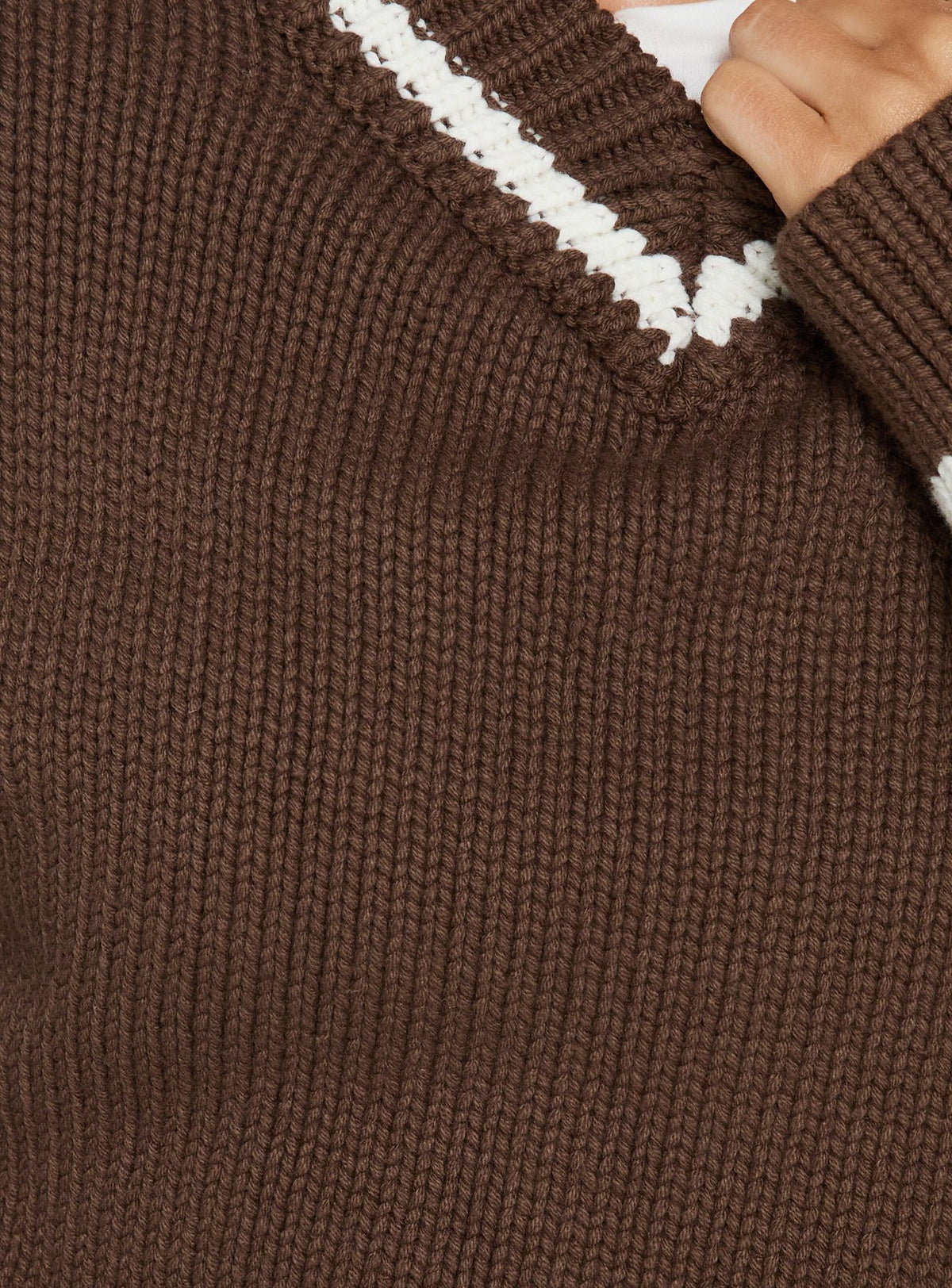 Highlighting the Myrandah V Neck Long Sleeve Knit Jumper Chocolate Stripe in womens-jumpers featuring short length and oversized fit product Princess Polly