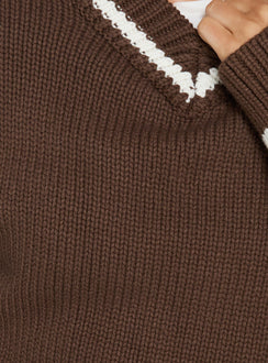 Highlighting the Myrandah V Neck Long Sleeve Knit Jumper Chocolate Stripe in womens-jumpers featuring short length and oversized fit product Princess Polly