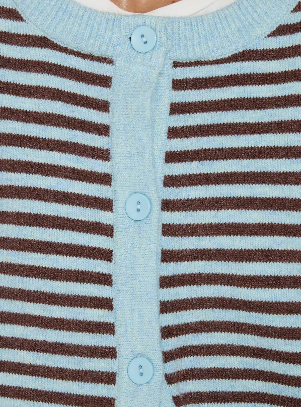 Close-up of the Darnelle Button Up Knit Cardigan Mint Chocolate Stripe womens-jumpers in short length Princess Polly
