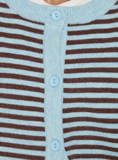 Close-up of the Darnelle Button Up Knit Cardigan Mint Chocolate Stripe womens-jumpers in short length Princess Polly