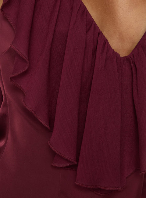 Madibelle V Neck Frill Mini Dress Wine