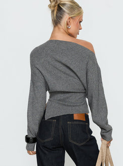 Presenting the Kaelith Off shoulder Knit Sweater Dark Grey in womens-jumpers with short length back view of model wearing Princess Polly