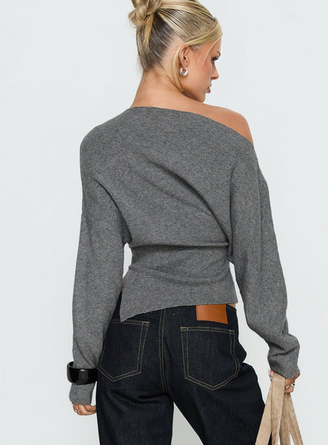 Presenting the Kaelith Off shoulder Knit Sweater Dark Grey in womens-jumpers with short length back view of model wearing Princess Polly