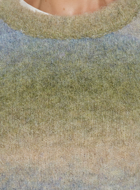 Highlighting texture detail of the Loyalty Knit Jumper Ocean Moss womens-jumpers in oversized short striped design with round neckline Princess Polly