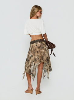 Showcasing the Dark Mirage Asymmetrical Midi Skirt in Leopard print with relaxed fit and belt detail back view of model wearing Princess Polly