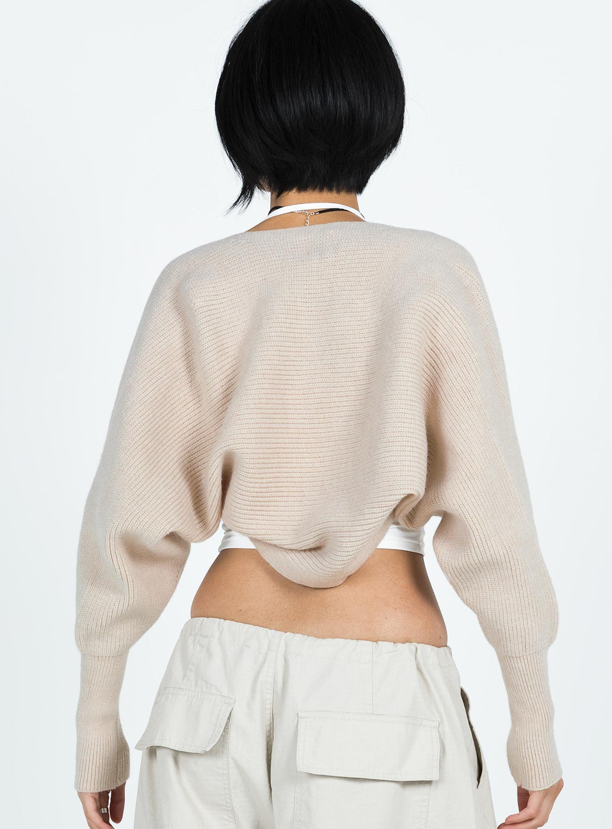 back view of model wearing Princess Polly Aviana Cardigan Beige Marle cropped Jumpers 