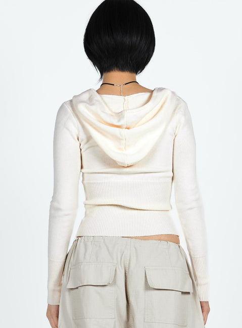 back view of model wearing Princess Polly Elingford Zip Up Hooded Sweater Cream Jumpers 