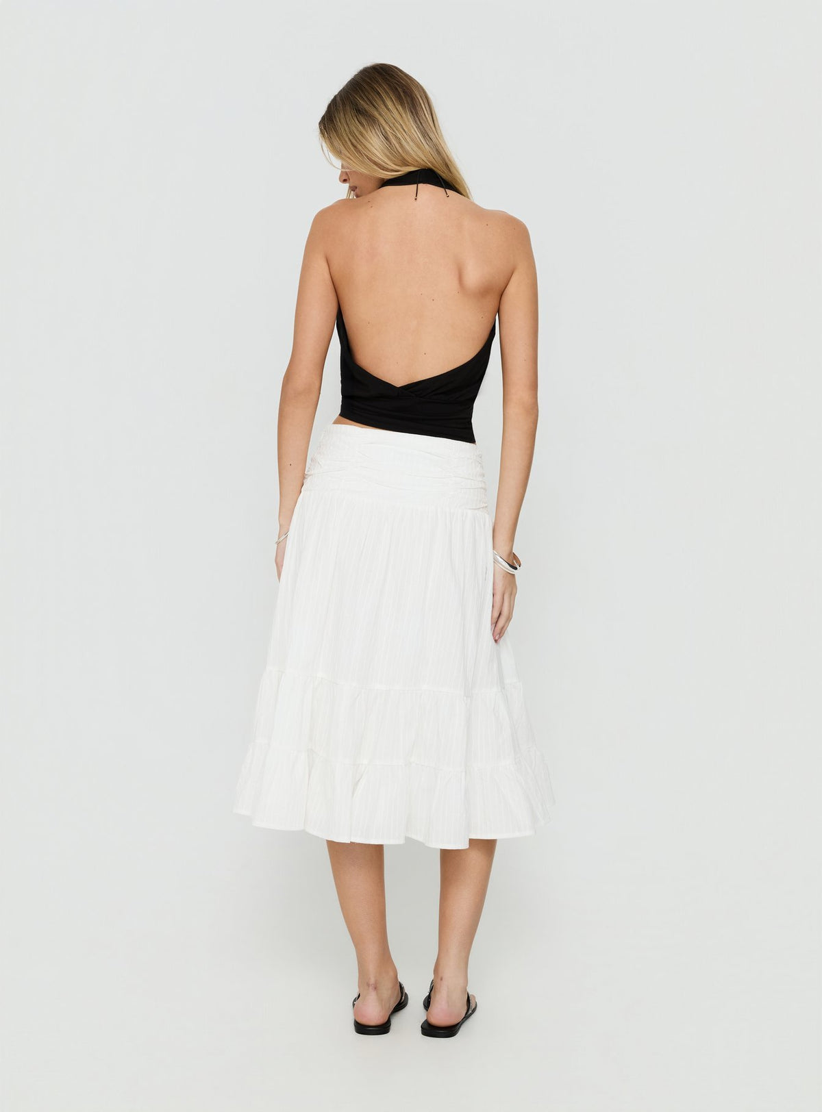 Explore the Silver Springs Midi Skirt White in womens-skirts with midi length back view of model wearing Princess Polly