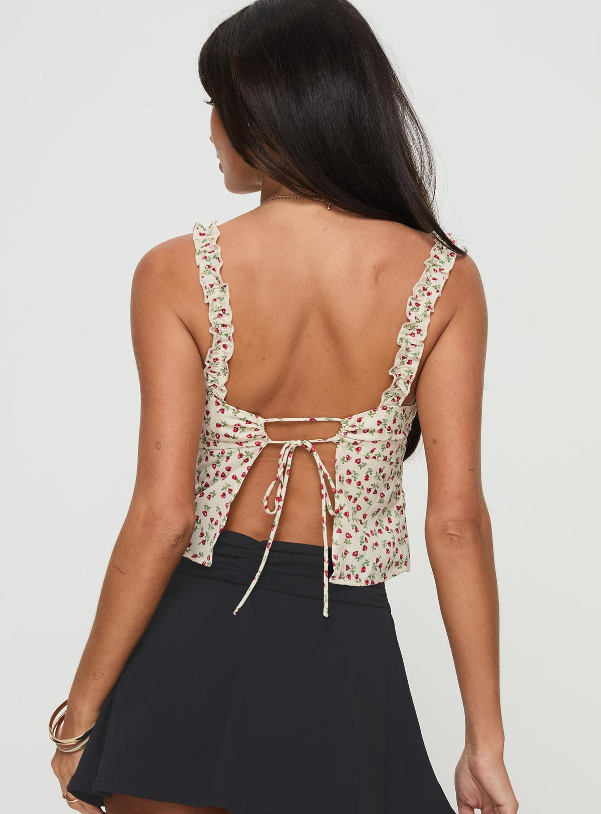 back view of model wearing Princess Polly Poppyseed Top Yellow / Floral Sleeveless Sweetheart 