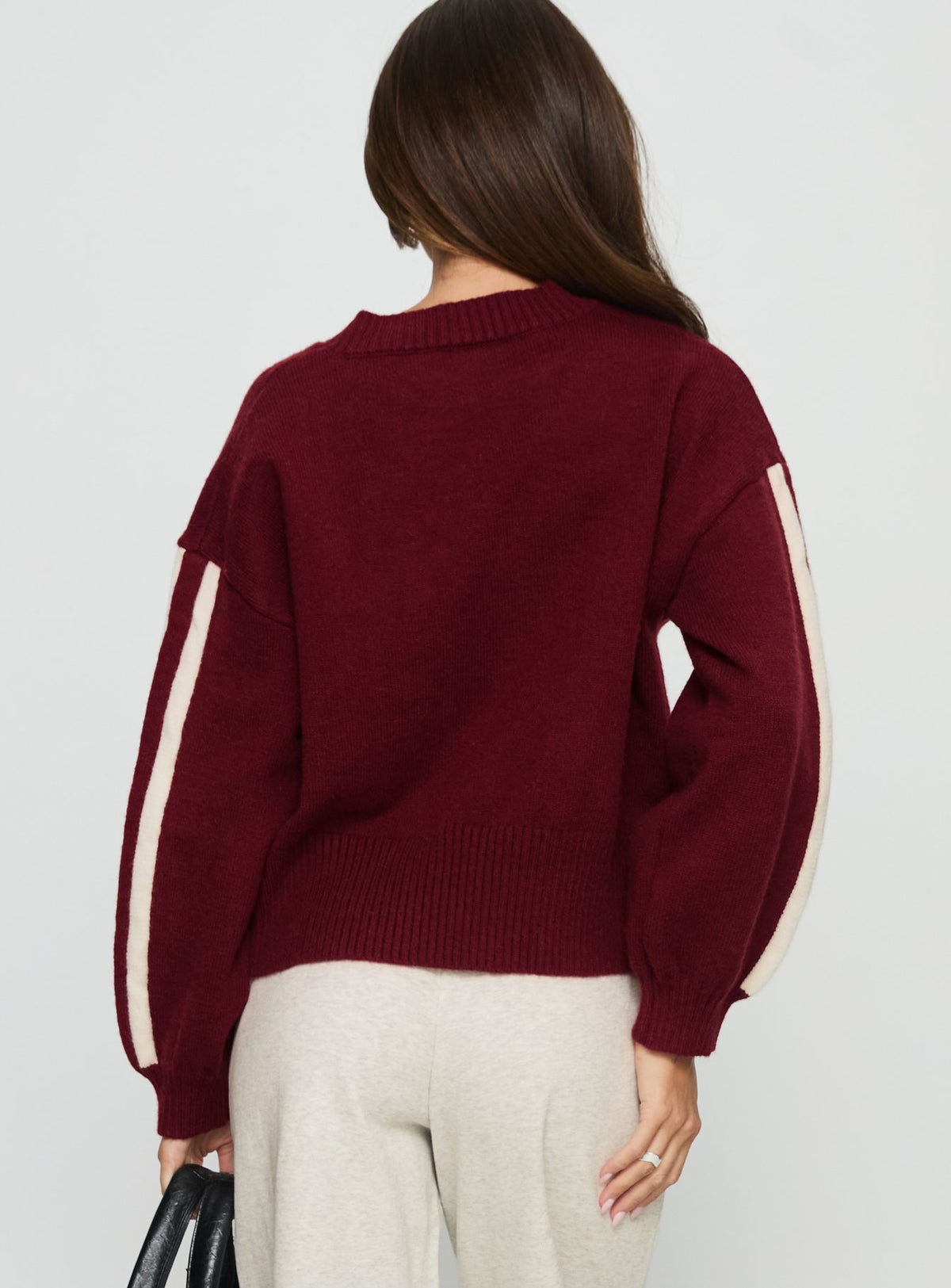 back view of model wearing Princess Polly Catherin Crew Neck Knit Sweater Red / White Cropped Jumpers Jumpers 