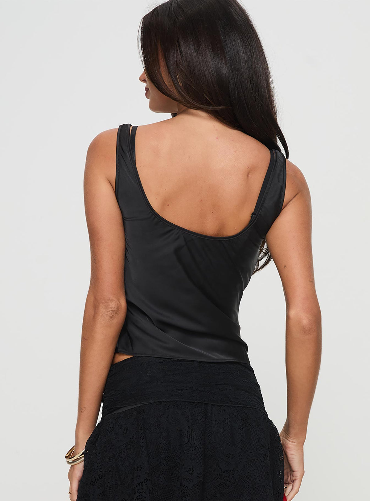 back view of model wearing Princess Polly Delilah Top Black Sleeveless Cowl 