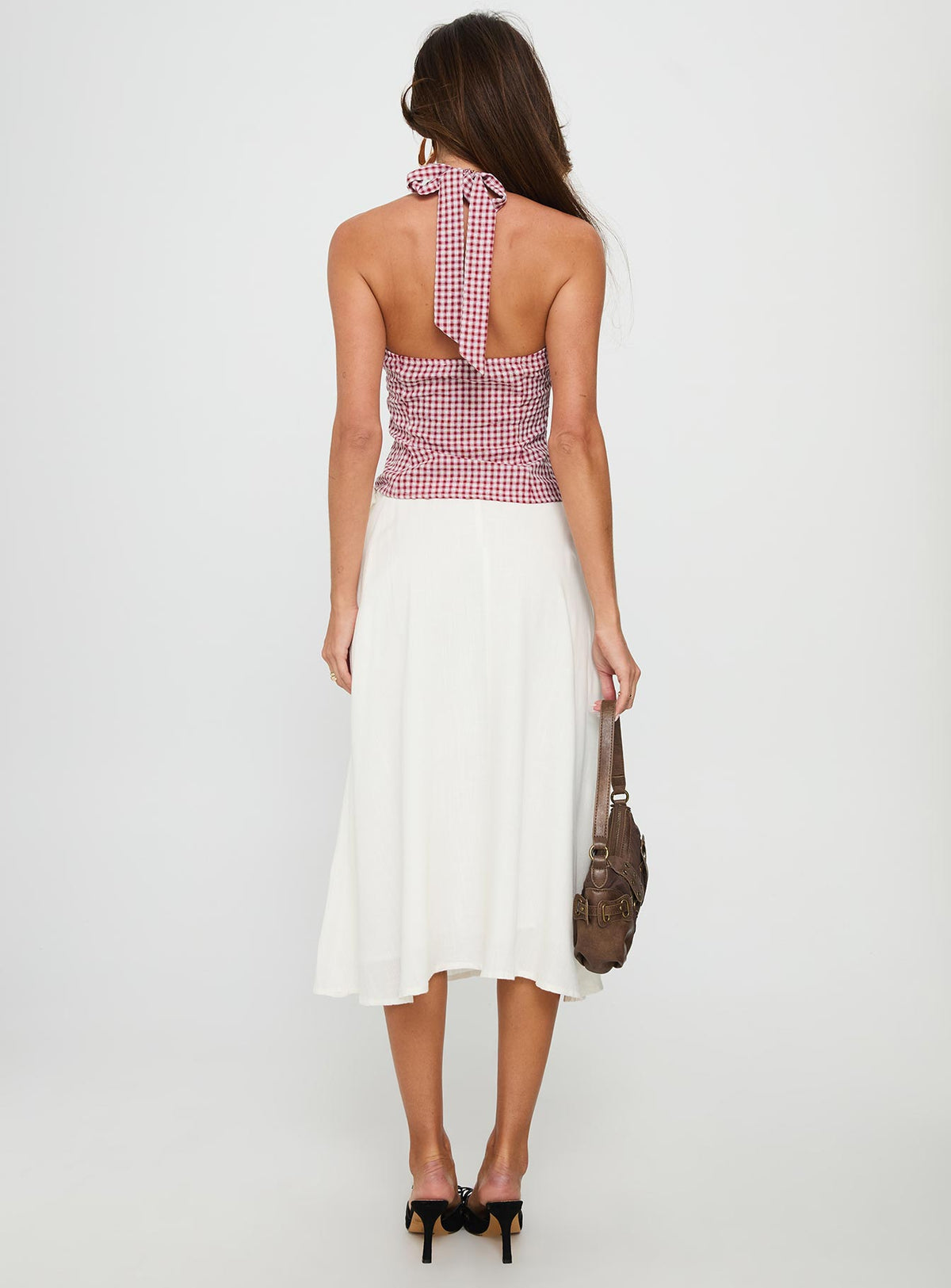 back view of model wearing Princess Polly Persuasion Tie Side Midi Skirt White Midi Skirts Skirts 