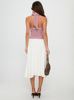 back view of model wearing Princess Polly Persuasion Tie Side Midi Skirt White Midi Skirts Skirts 
