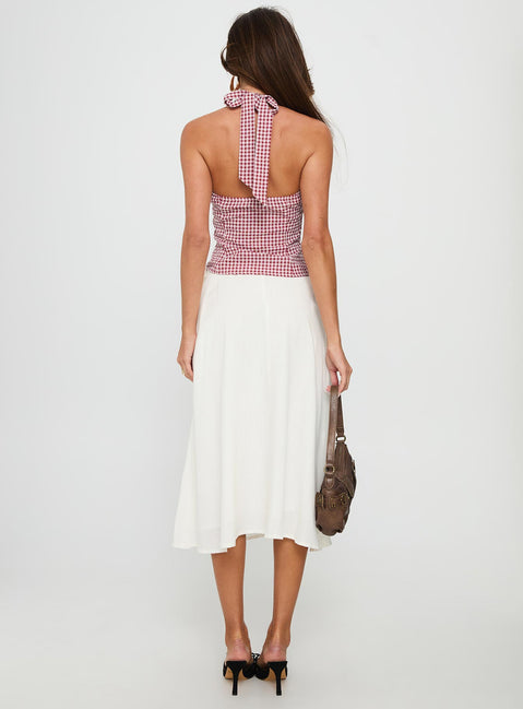 back view of model wearing Princess Polly Persuasion Tie Side Midi Skirt White Midi Skirts Skirts 