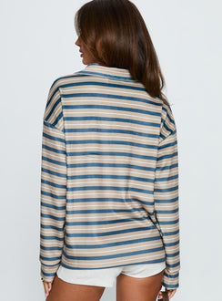 Highlighting the Mystris Collared Jumper Khaki Stripe womens-jumpers with long oversized fit back view of model wearing Princess Polly