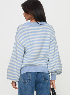 back view of model wearing Princess Polly Harmony Balloon Sleeve Knit Sweater Blue / White Stripe Cropped Jumpers Jumpers 
