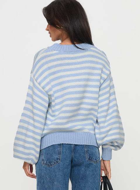 back view of model wearing Princess Polly Harmony Balloon Sleeve Knit Sweater Blue / White Stripe Cropped Jumpers Jumpers 