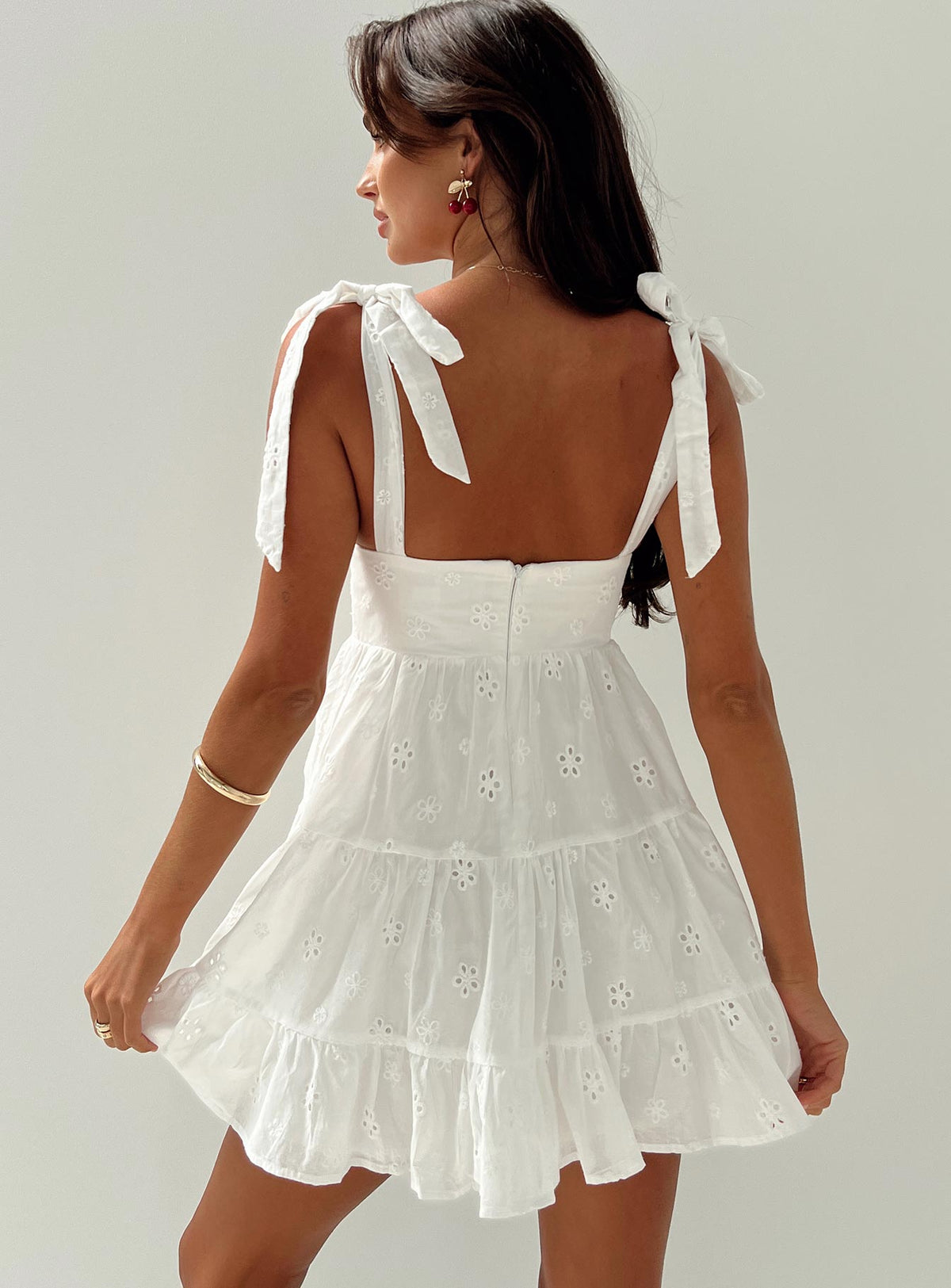 back view of model wearing Princess Polly Galvis Mini Dress White Tall Plunger 