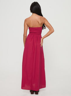 back view of model wearing Princess Polly Dayona Strapless Maxi Dress Red Straight Neck 