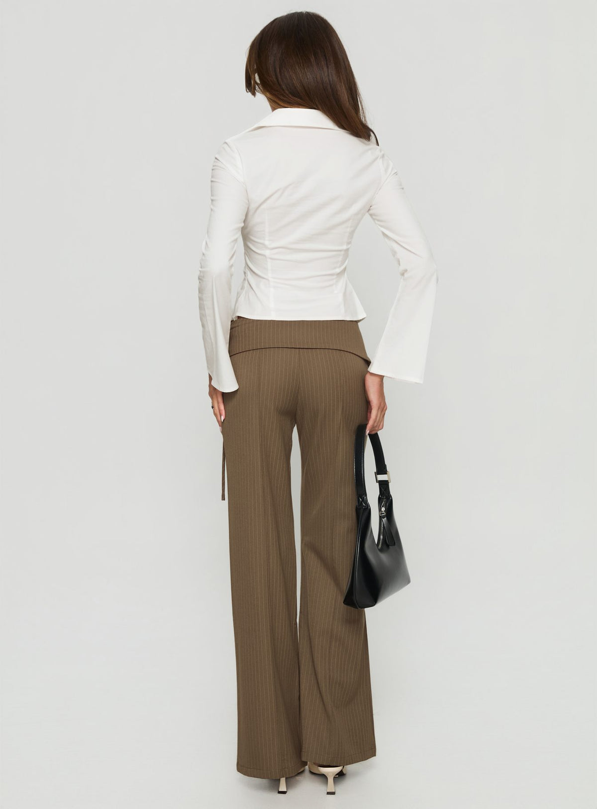 back view of model wearing Princess Polly Cedrina Eyelet Fitted Suit Pants Green Pinstripe Low Rise Pants Pants 