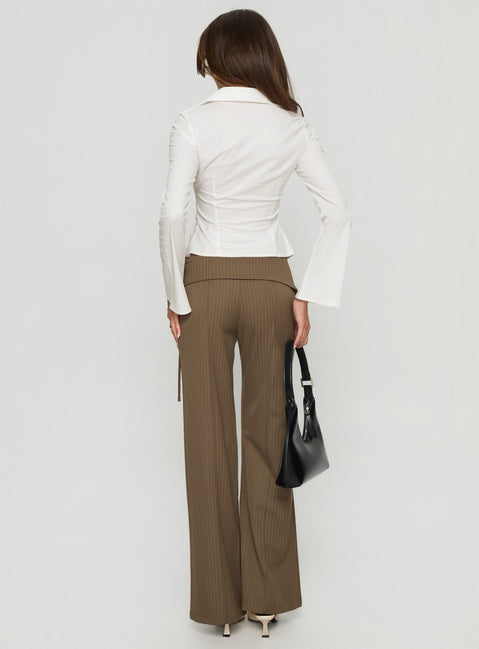 back view of model wearing Princess Polly Cedrina Eyelet Fitted Suit Pants Green Pinstripe Low Rise Pants Pants 