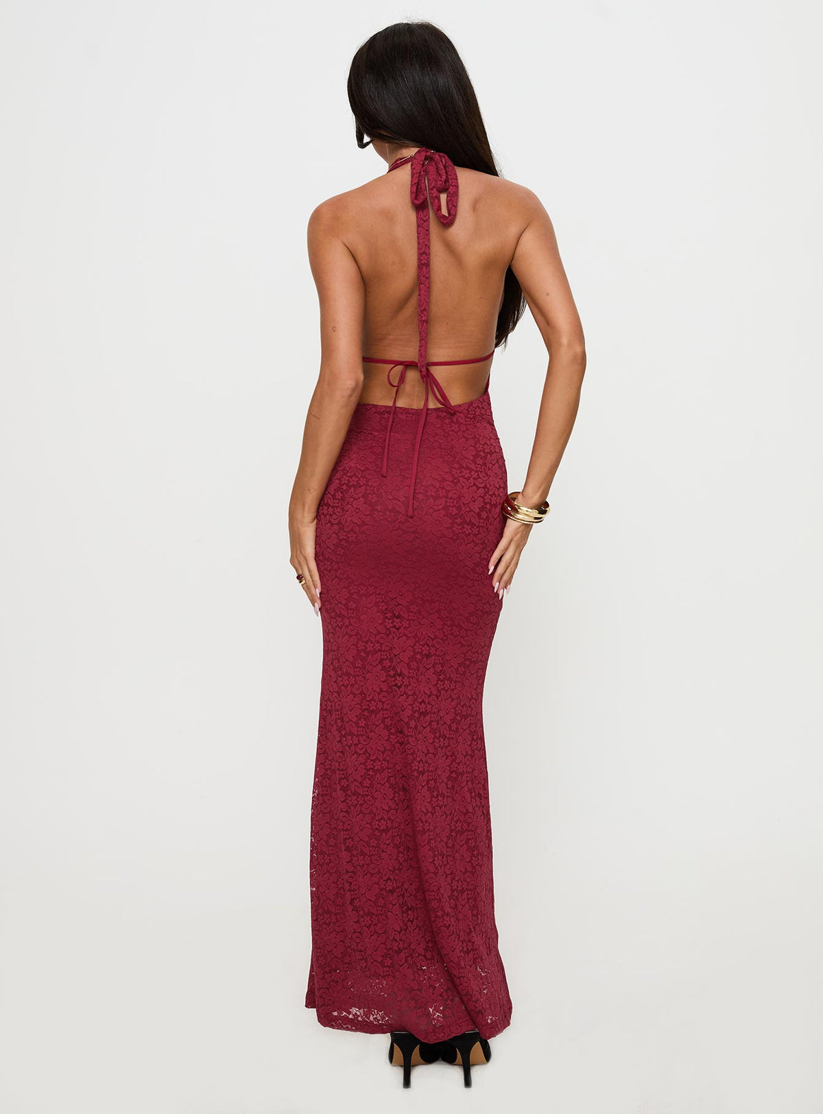 back view of model wearing Princess Polly Karmyn Plunge Maxi Dress Red Plunger 