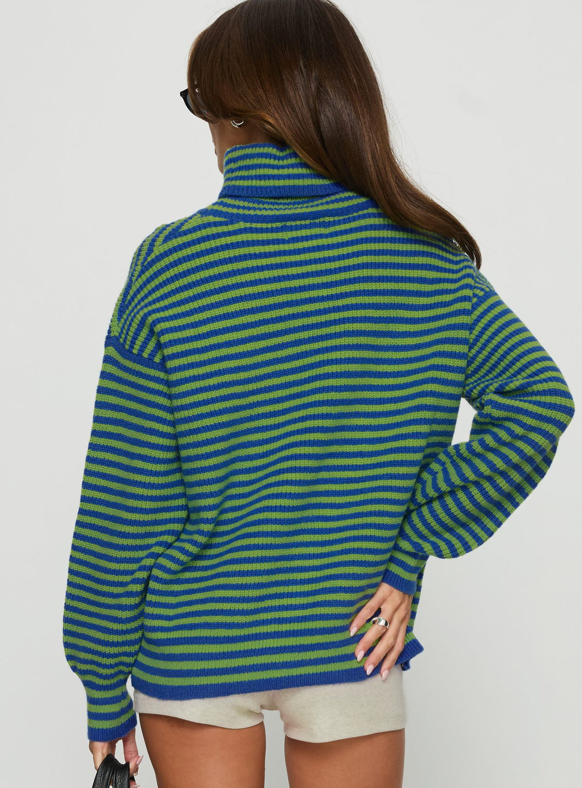 back view of model wearing Princess Polly Lancelot Turtle Neck Oversized Jumper Green Stripe Longline Jumpers Jumpers 