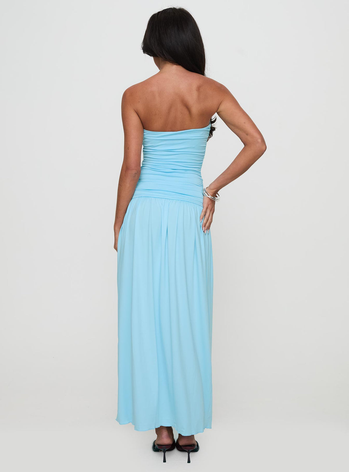back view of model wearing Princess Polly Glorie Strapless Maxi Dress Light Blue Petite Straight Neck 