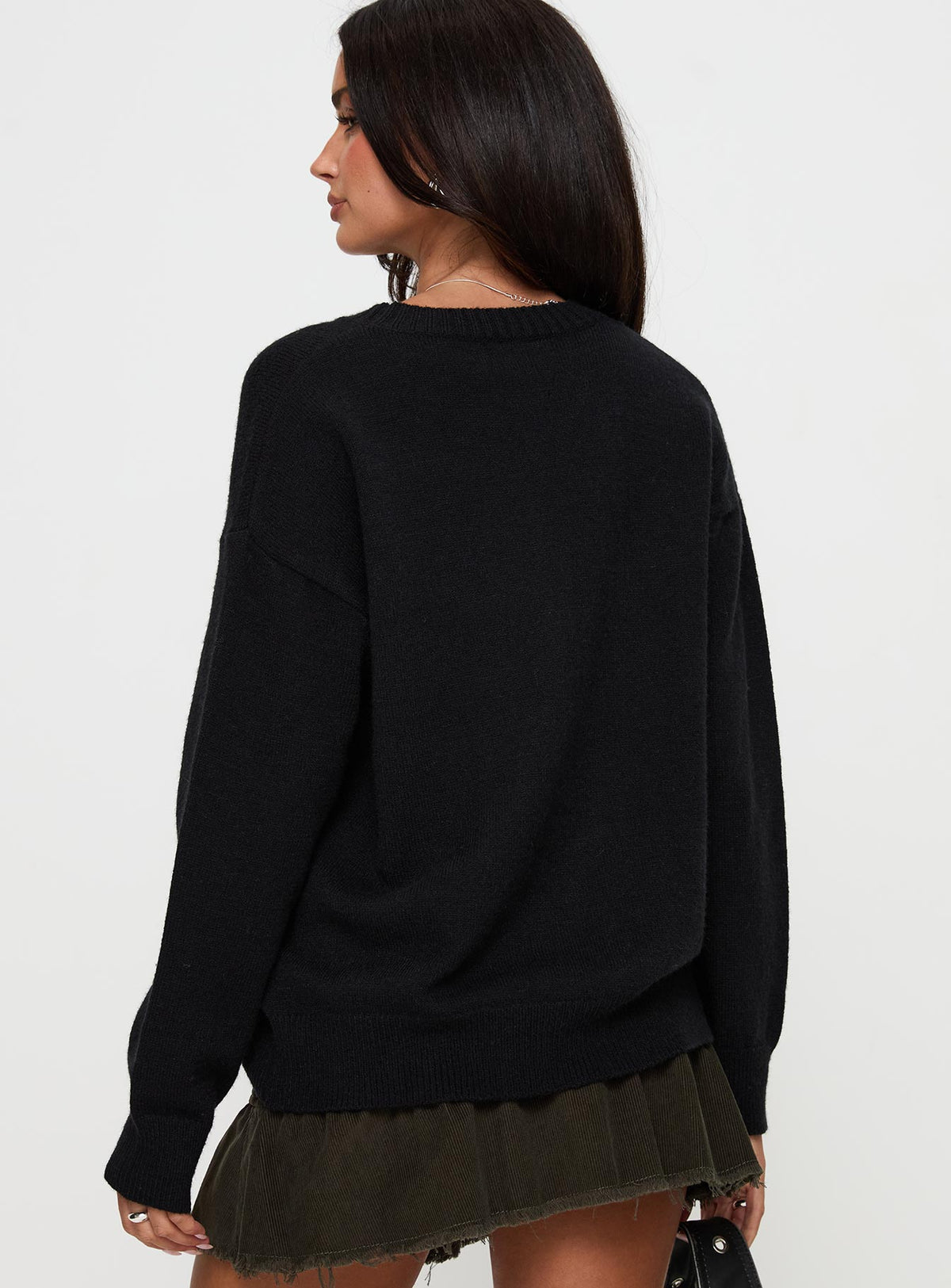 back view of model wearing Princess Polly Run The Party Knit Sweater Black Jumpers 