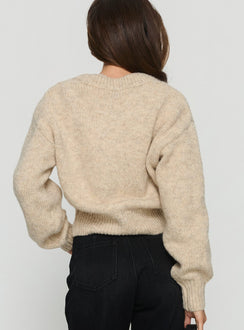 back view of model wearing Princess Polly Trevonn Button Up Knit Cardigan Beige Cropped Jumpers 