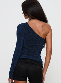 back view of model wearing Princess Polly Dance All Night One Sleeve Top Navy Glitter Sleeveless Asymmetric Neckline 