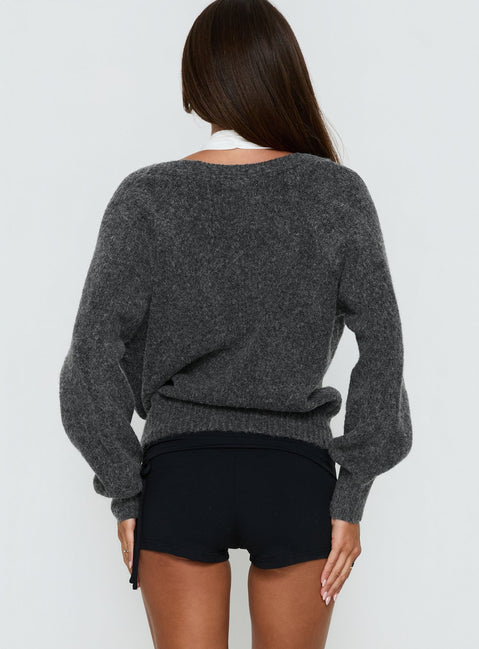 Presenting the Daelan Wrap Knit Cardigan Charcoal womens jumpers in short length back view of model wearing Princess Polly