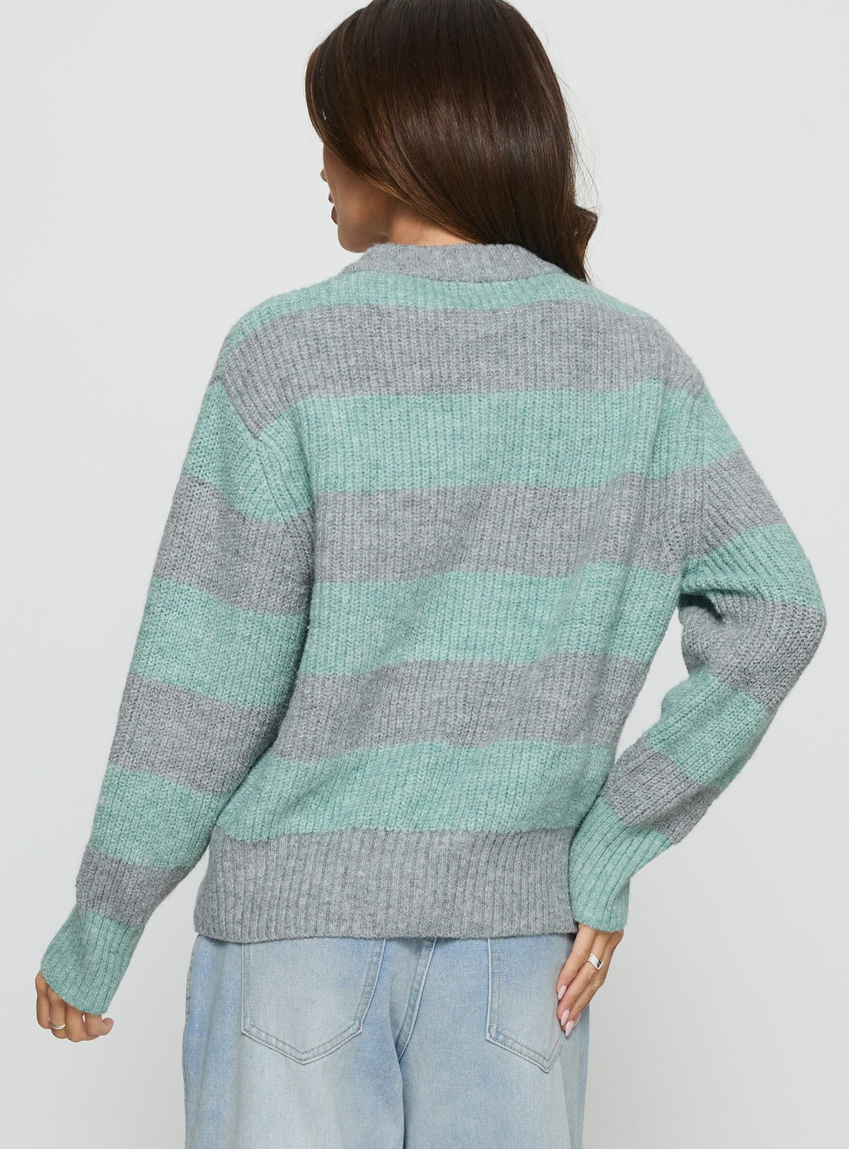 back view of model wearing Princess Polly Queena Zip Through Knit Sweater Grey / Blue Stripe Cropped Jumpers Jumpers 