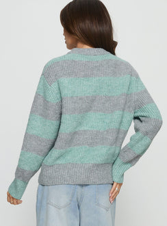back view of model wearing Princess Polly Queena Zip Through Knit Sweater Grey / Blue Stripe Cropped Jumpers Jumpers 